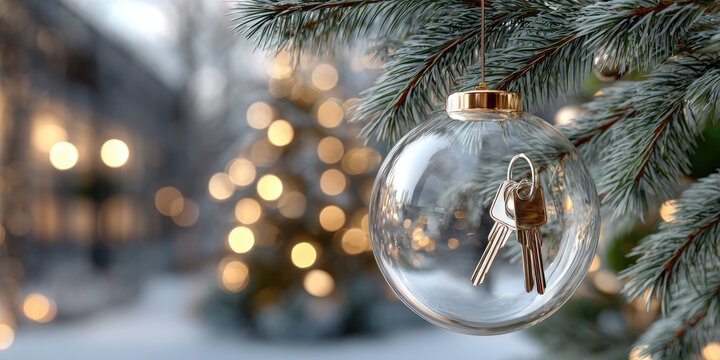 House keys inside a clear christmas ornament hanging on a frosted pine tree branch, symbolizing a new home purchase, real estate dream, or holiday gift of property