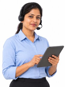 Woman in headset holding tablet, customer service representative