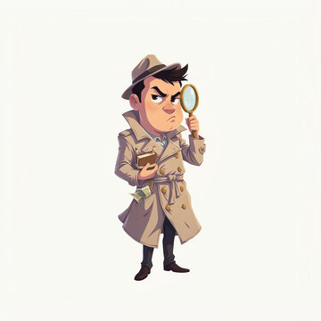 Cartoon illustration of a male detective wearing a trench coat and fedora hat holding a magnifying glass
