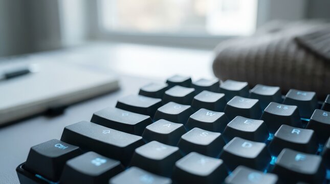 Close up view of illuminated mechanical keyboard keys in office workspace
