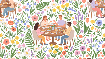 Obraz premium Diverse group of friends enjoying a meal together surrounded by a vibrant floral pattern