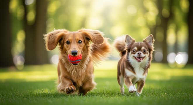 Two happy dogs playing in a sunny park on green grass. A golden dog holds a red toy while a brown and white dog runs alongside. Perfect for pet care and outdoor lifestyle themes.
