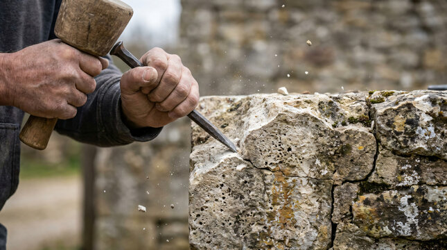 Stonemason restoring ancient limestone wall | Traditional stone carving with mallet and chisel | Close up of craftsman hands working on historic stone masonry | Heritage restoration techniques