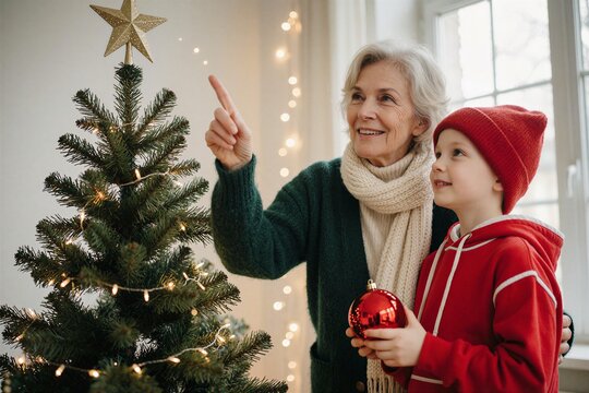 Woman and child decorating a Christmas tree at home, pointing at the star topper near the lighted branches.