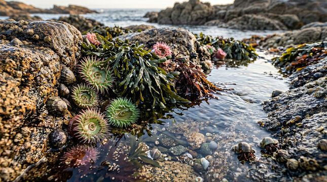 Vibrant tide pool ecosystem with sea anemones | Coastal intertidal zone biodiversity | Pacific Northwest rocky shore marine life | Close up of seaweed and marine invertebrates in tidepool