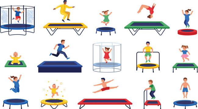 Happy children and adults jumping on trampolines vector illustration set featuring people bouncing flipping and exercising outdoors