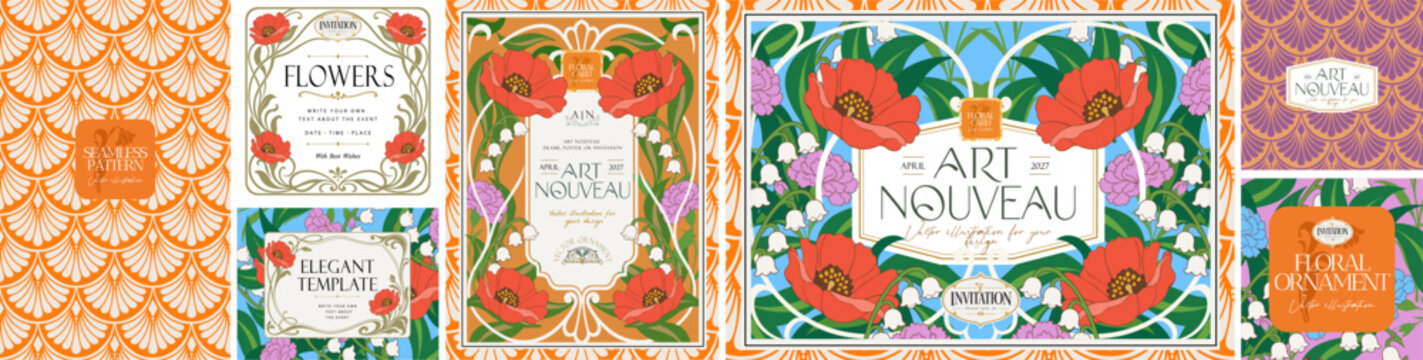 Art Nouveau Floral Invitation and Seamless Pattern. Vector illustrations of poppy, lily of the valley, carnation, frame and border for wedding greeting card, poster, wrapping paper, template