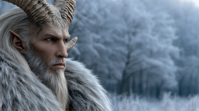 Ancient horned winter guardian krampus, a mythical figure from central european folklore, standing in a frozen winter forest, depicting traditions of holiday punishment