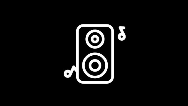Animated speaker icon with musical notes and sound waves on black background
