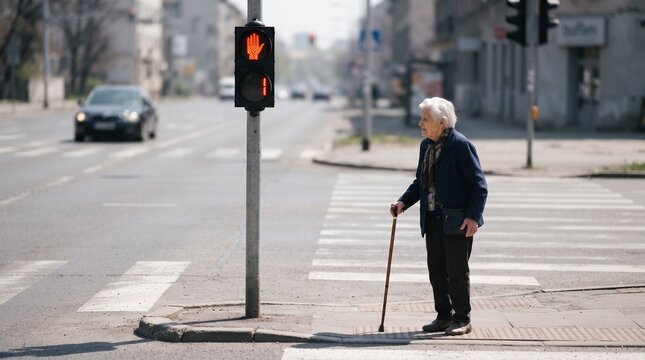 Elderly Woman Waiting at City Pedestrian Crosswalk