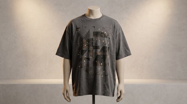 A charcoal grey oversized t-shirt with a botanical graphic print displayed on a mannequin