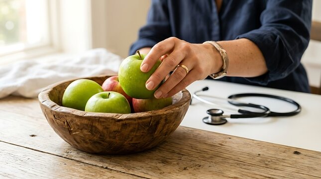 Healthy green apple in hand of doctor with stethoscope. Nutritionist holding fresh fruit from wooden bowl. Medical healthcare and diet concept.