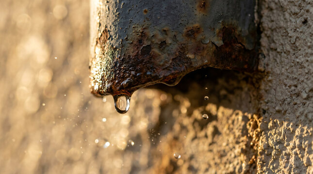 water droplets dripping from rusty pipe | macro shot of leaking metal gutter | industrial decay and water conservation | rusty pipe leak in golden sunset light