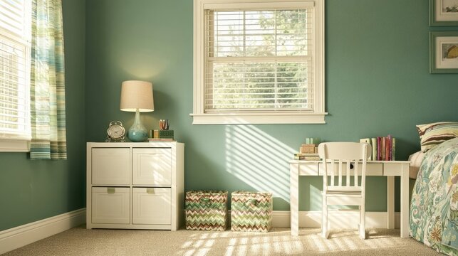 Kid's workspace inside with lamp, desk, chair by blue wall.