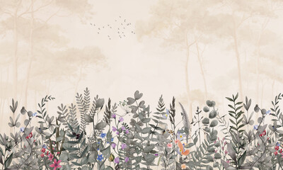 Misty forest botanical mural with dense wildflowers and eucalyptus border, faded pine trees background © Mondal Creation