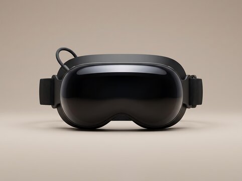Modern black virtual reality headset with a cable isolated on a solid light beige background