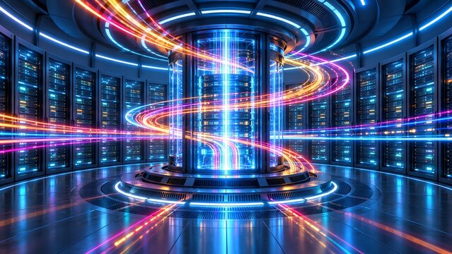 Futuristic data center interior featuring a central glowing mainframe processing high speed digital information with swirling neon light trails and server racks