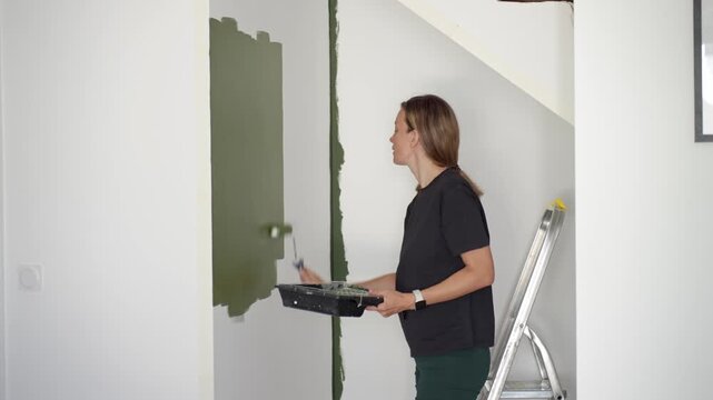 Woman applying green paint to white wall with roller during home renovation