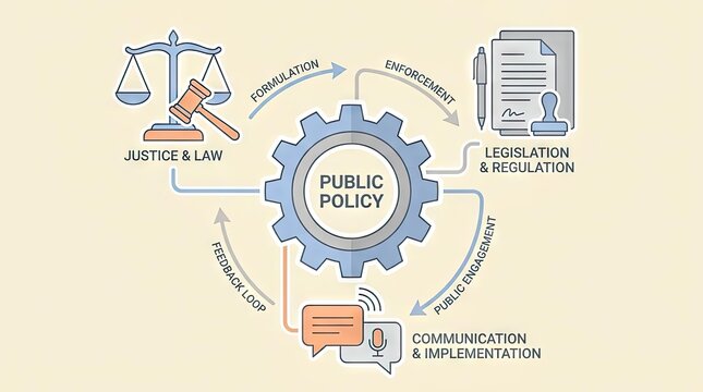 Public policy cycle infographic with governance icons