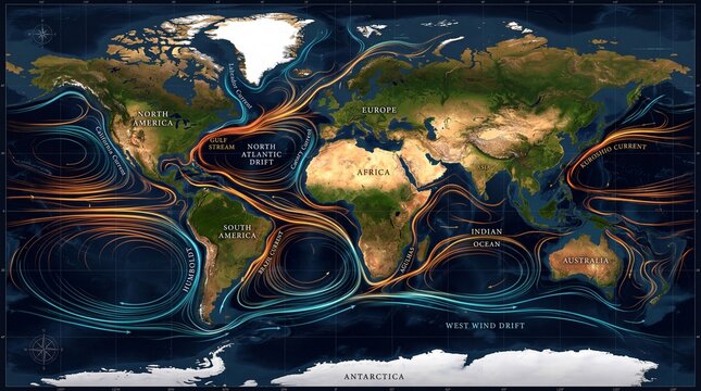 Detailed Stylized World Map Highlighting Ocean Currents and El Nino
