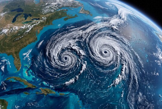 Satellite View of Twin Cyclones Over Atlantic Ocean with Earth Curved