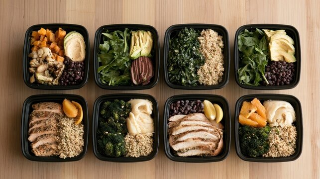 Fresh prepared meals for delivery, viewed from above.