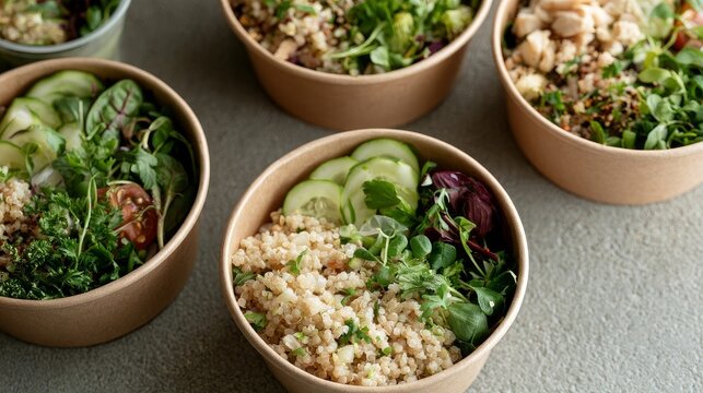 Fresh prepared meals for delivery, viewed from above.