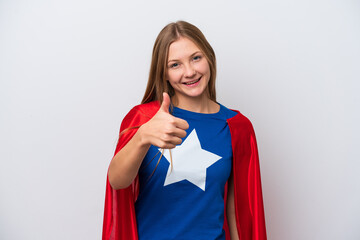 Super Hero Russian woman isolated on white background with thumbs up because something good has happened © luismolinero