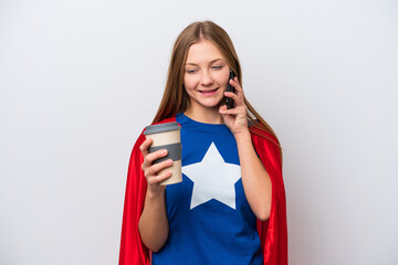 Super Hero Russian woman isolated on white background holding coffee to take away and a mobile © luismolinero