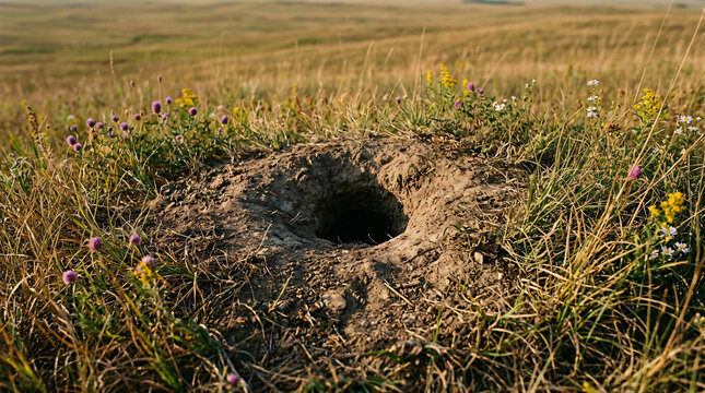 Animal burrow entrance in prairie grass|Wild animal hole in the ground|Wildlife habitat in natural meadow|Groundhog or fox den entrance|Scenic nature landscape with animal home