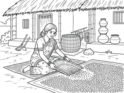 Vector illustration of a woman winnowing grain in a rural village setting with winnowing agriculture traditional lifestyle cleaning countryside activity heritage subsistence production