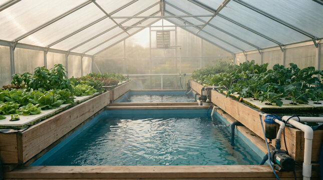 Sustainable aquaponics greenhouse system | Hydroponic indoor vegetable garden with fish tanks | Eco-friendly vertical farming technology | Organic leafy greens growing in a greenhouse