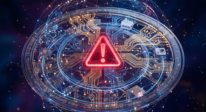 Advanced Microprocessor Circuit Board Displaying Holographic Warning Symbol and Data Streams