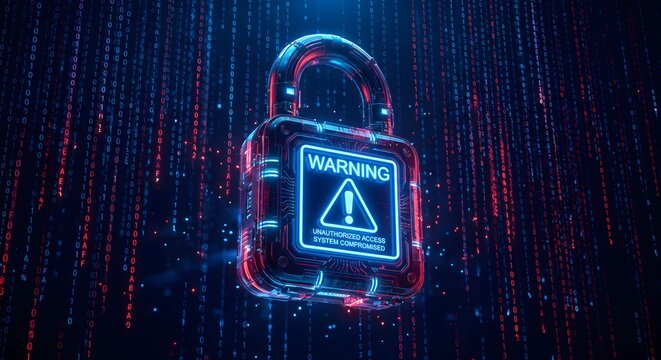 Glowing Futuristic Security Padlock Floating Inside Digital Cyber Warning Grid and Binary Data
