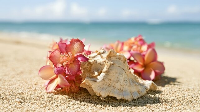 Ocean shell necklace with tropical flowers on sandy beach, close view