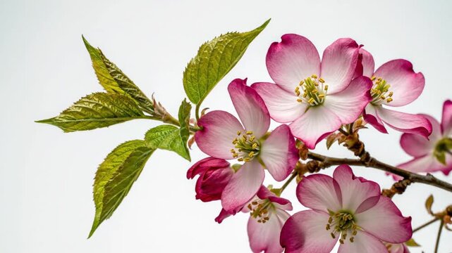 Close-up of vibrant pink and white flowering dogwood blossoms and fresh green leaves against a bright white background