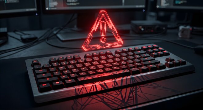 Computer keyboard with glowing red neon warning triangle