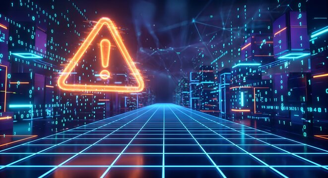 Cyber grid landscape with orange warning triangle and neon city