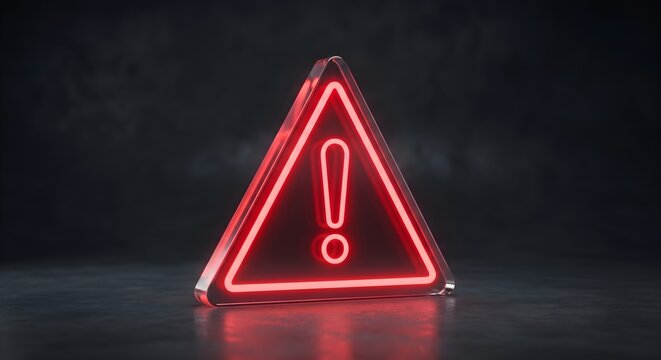 Clean product shot of glowing red neon warning triangle on dark surface