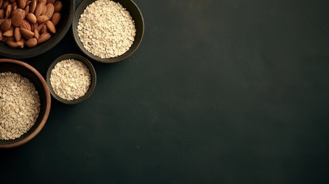 Nutritious oats and nuts arranged on dark surface with room for text.