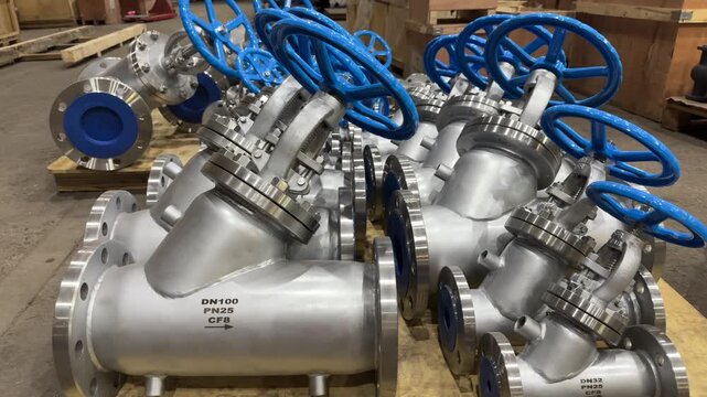 Stainless steel flanged gate valves with blue handwheels in warehouse, industrial pipeline equipment, manufacturing storage, metal machinery parts