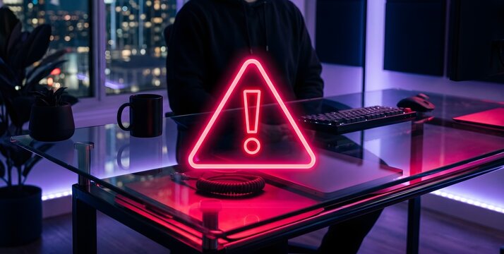 Office desk setup with computer monitor and glowing red neon warning triangle