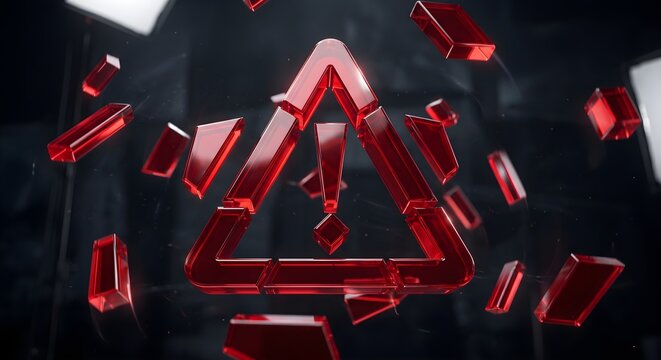 Floating 3D red warning triangles exploding into geometric shards