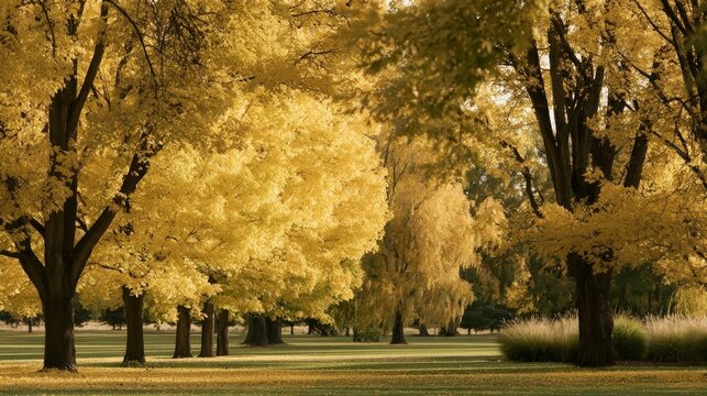 Golden park trees under bright sun