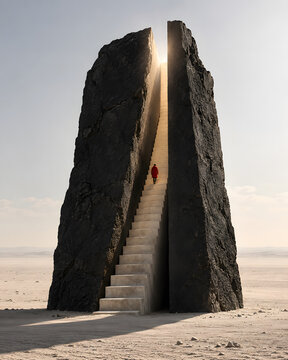 Lone Figure Climbing a Staircase Between Split Black Monoliths