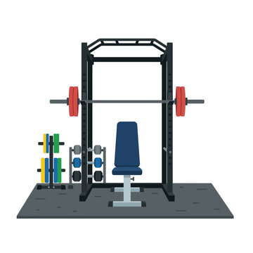 Power rack with barbell and weight bench for strength training in home gym setup.
