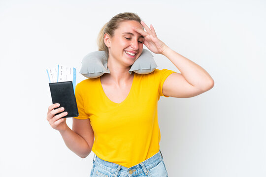 Woman with Inflatable Travel Pillow smiling a lot