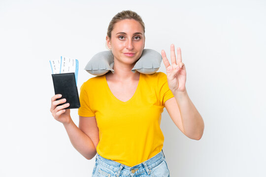Woman with Inflatable Travel Pillow happy and counting three with fingers