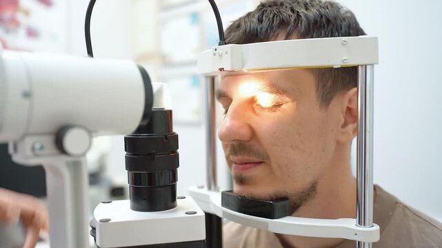 An ophthalmologist evaluates a patient's vision using medical equipment. Vision check.