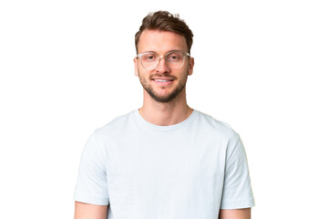 Fototapeta premium Young handsome caucasian man over isolated chroma key background With glasses with happy expression